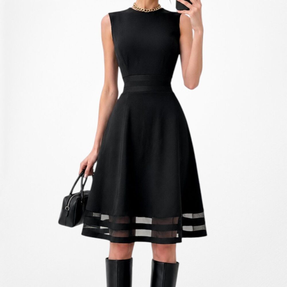Vintage Y2K Black Flared Knit Mesh Sleeveless Cocktail Party Office Dress Size M